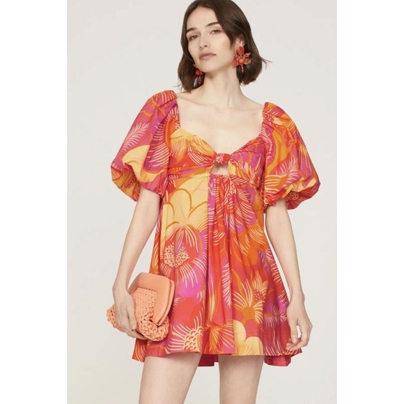 FARM Rio Mini Dress L Puff Sleeve Vneck Floral Boho Cottagecore Bright Orange